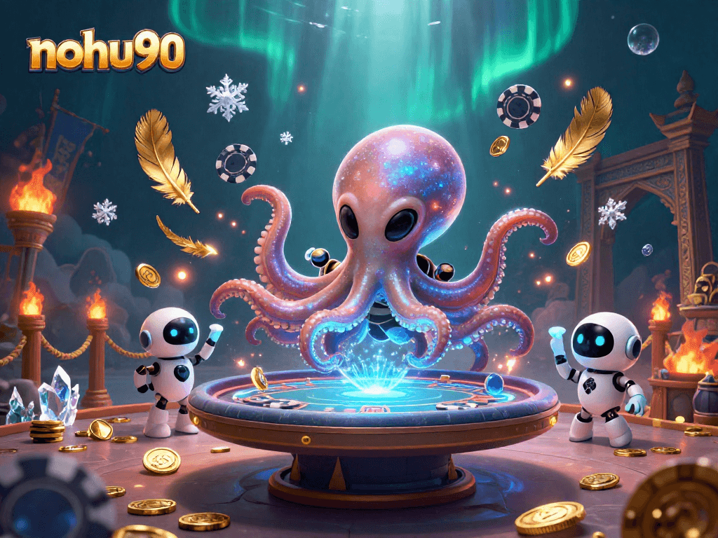 Engage with nohu90 and witness an alien octopus play holographic poker in a cosmic scene.