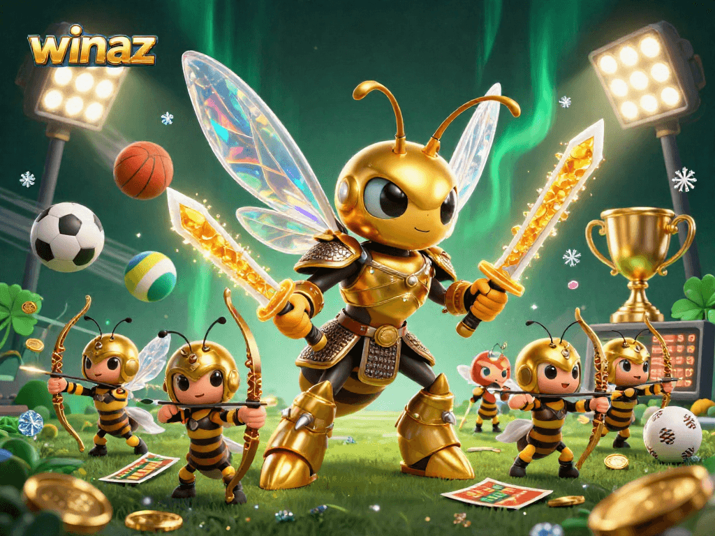 winaz showcases a golden hornet warrior leading sporty bee archers in a lively betting scene