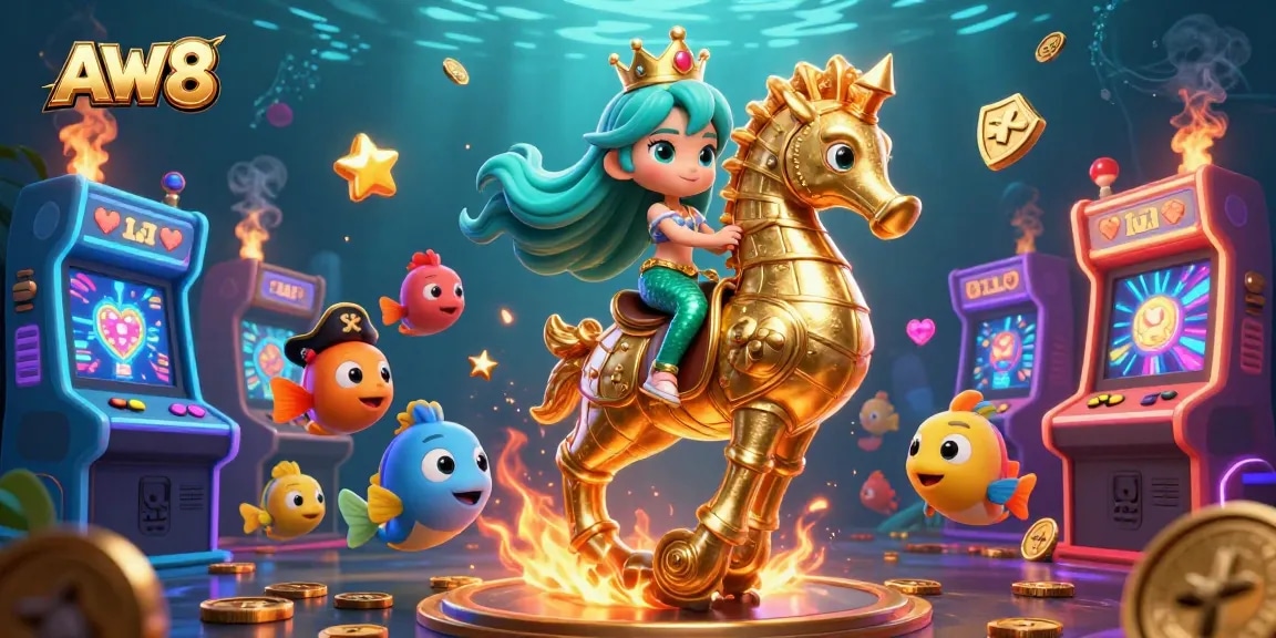 AW8 captures the mermaid princess winning with a giant seahorse amid vivid casino-themed gameplay.