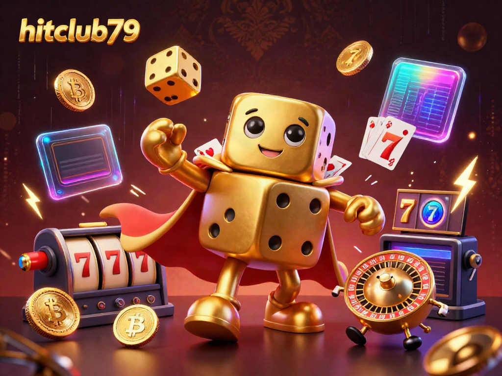 Engage in thrilling gameplay at hitclub79 with vibrant slot reels and golden dice characters.