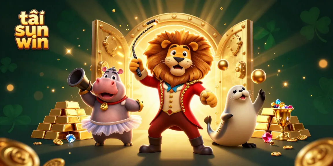 Win big with tải sun win as the cartoon circus characters gather around golden treasures.