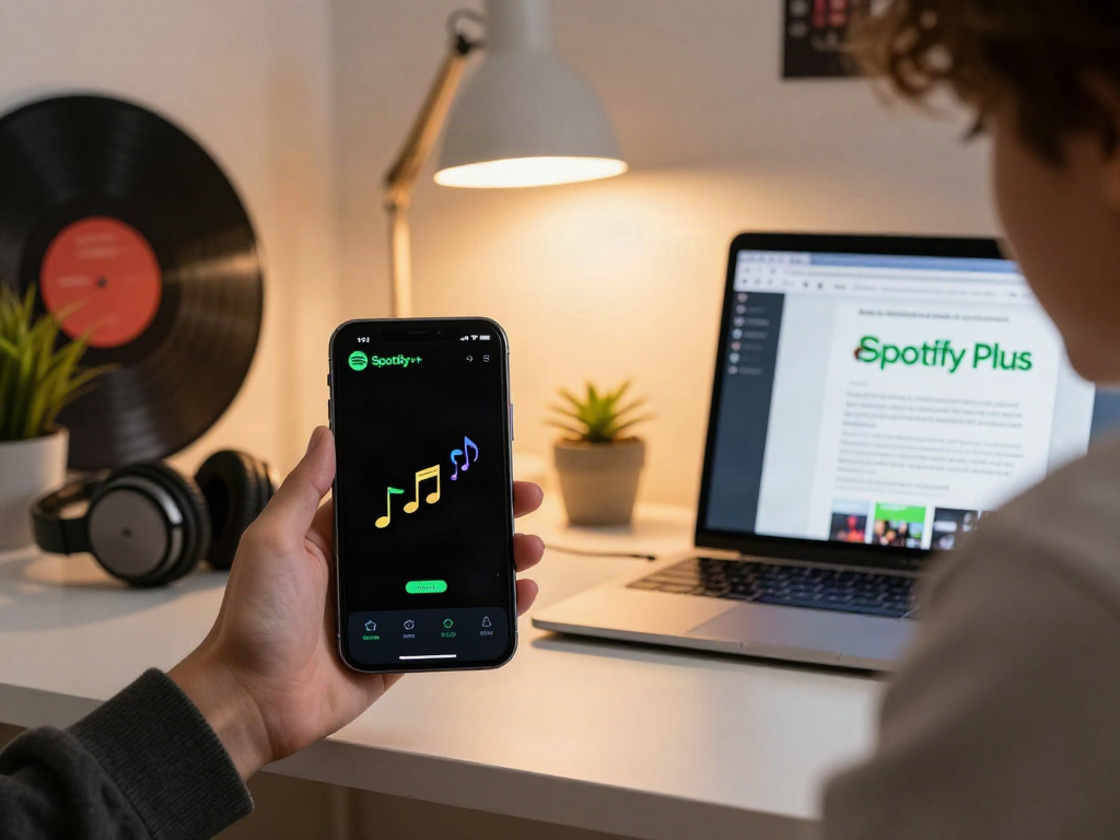 SpotiGeek Spotify Plus app displayed on iPhone in a cozy workspace.