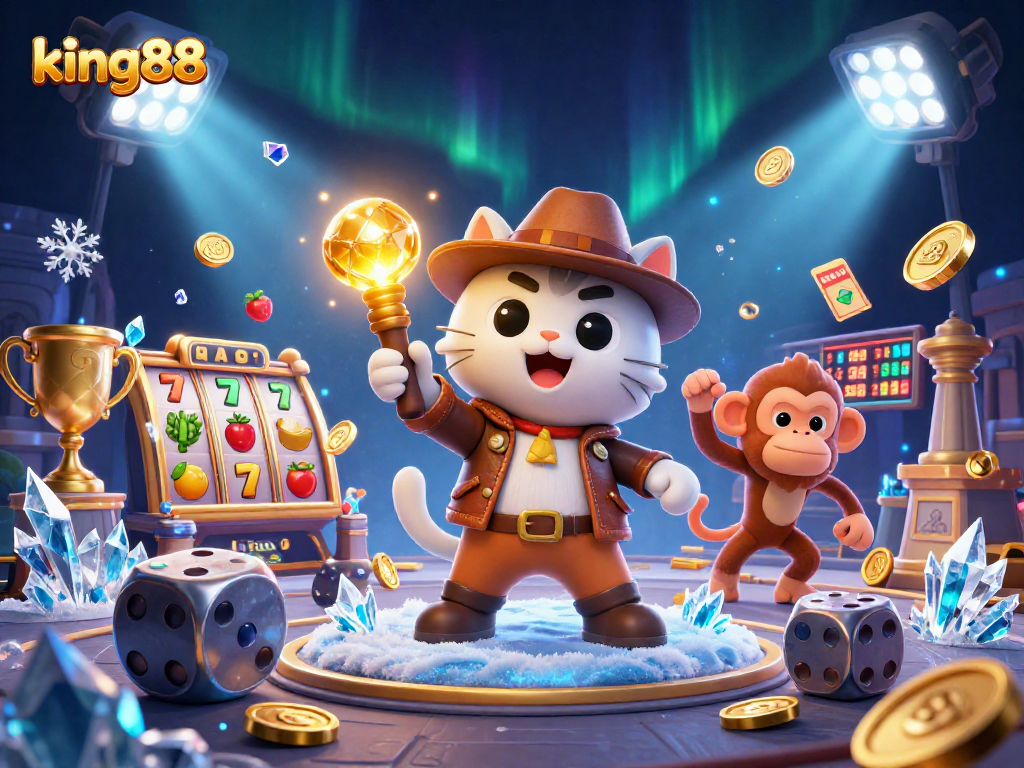 king88 showcases a cat and monkey in a vibrant casino scene, discovering golden artifacts while surrounded by dynamic slot elements.