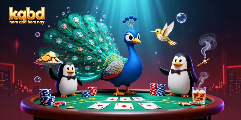 Betting on kqbd hom qua hom nay with a lavish scene of a peacock, penguin, and hummingbird at a poker table.