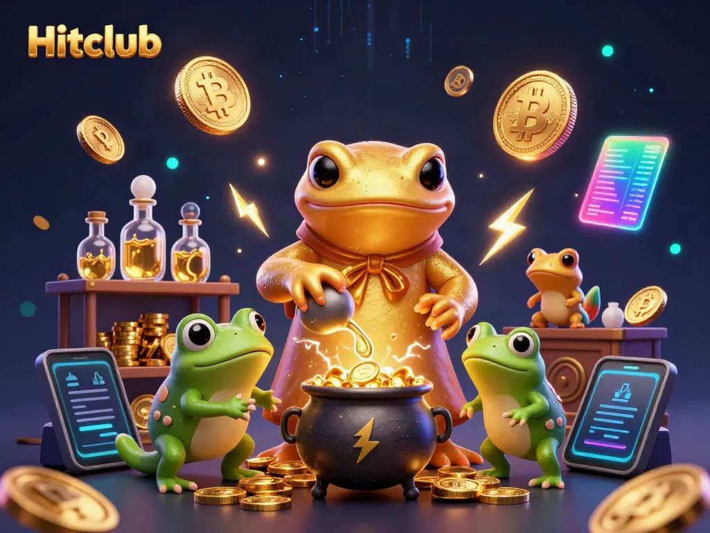 Experience the excitement of Hitclub with detailed 3D elements showcasing gold alchemy and cryptocurrency.