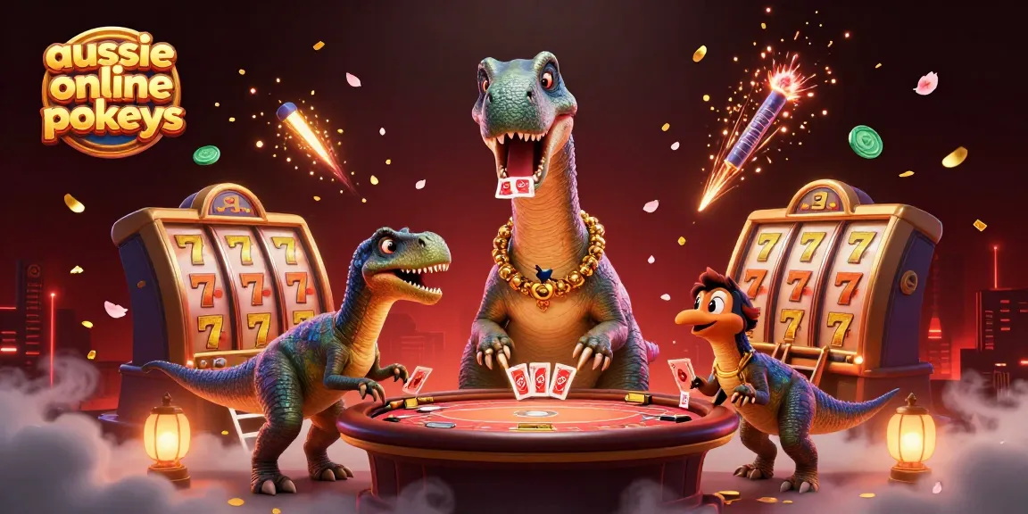 Aussie online pokies scene with brontosaurus and raptor dealing cards amidst slot reels.