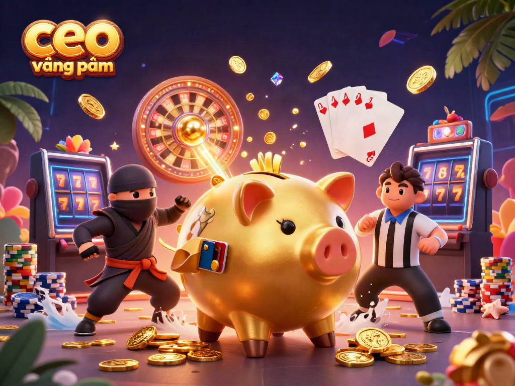 Exciting scene with ceo vương phạm as a cartoon golden piggy bank among gambling elements, coins, and poker chips.