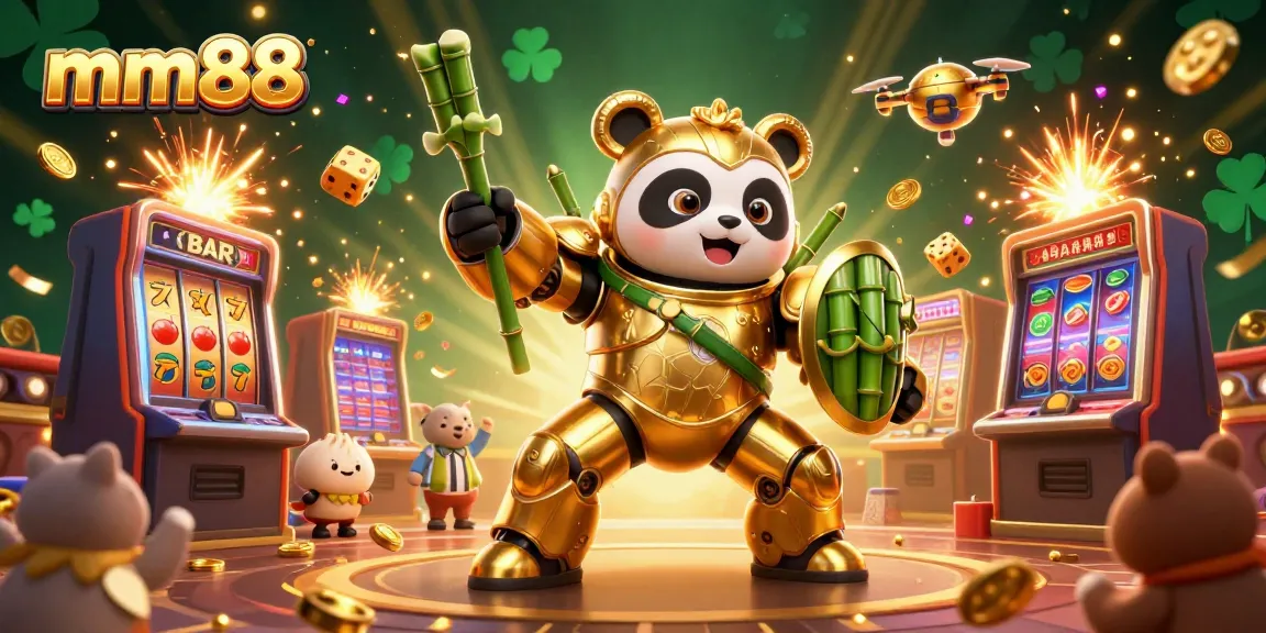 Experience thrilling wins at mm88 with vibrant golden panda graphics and dynamic slot machine explosions.