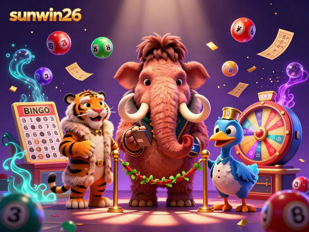 Engage with sunwin26 for a thrilling casino experience featuring a mammoth bouncer and colorful game elements.
