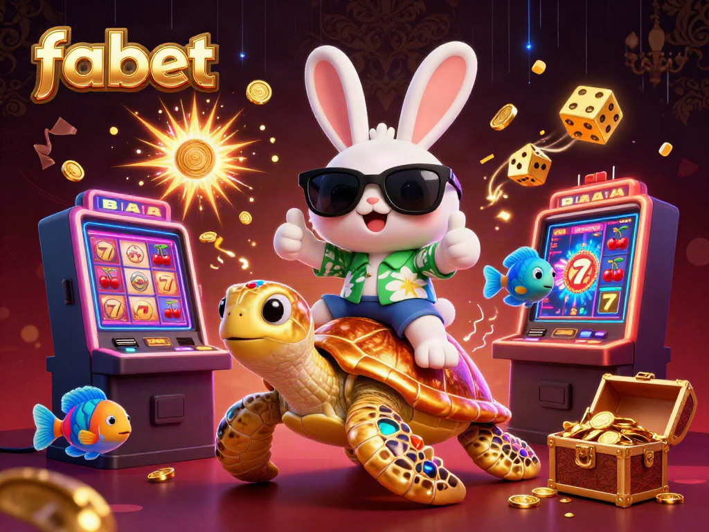 Experience thrilling winnings at fabet with a lucky rabbit and golden turtle in a vibrant casino scene.