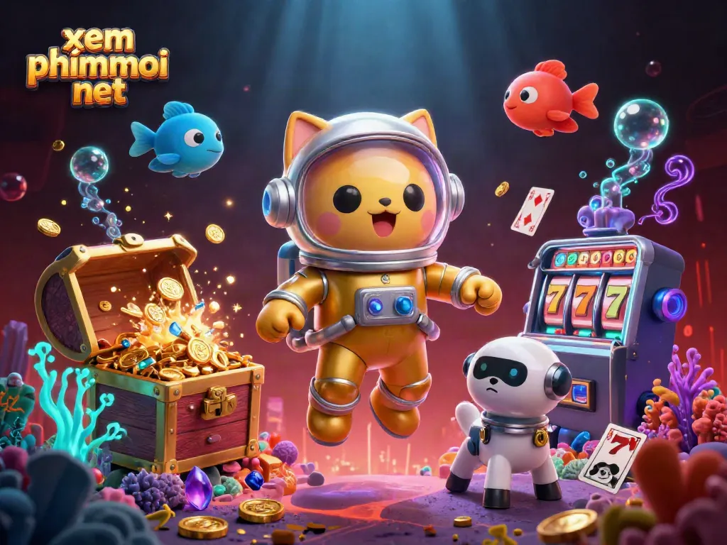 Xem phimmoi net showcases a vibrant gambling scene featuring a golden cat astronaut and dynamic treasure elements.