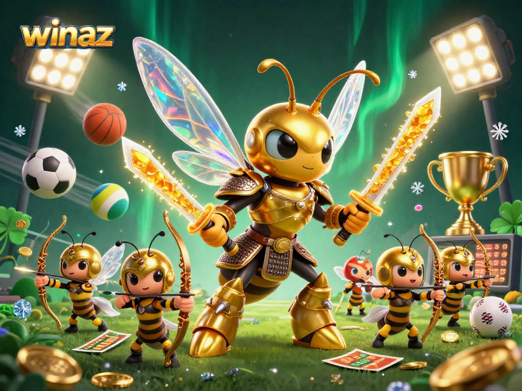 winaz showcases a golden hornet warrior leading sporty bee archers in a lively betting scene