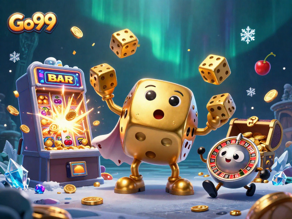 Go99 rolls massive golden dice, surrounded by jackpot elements in a vibrant casino scene.
