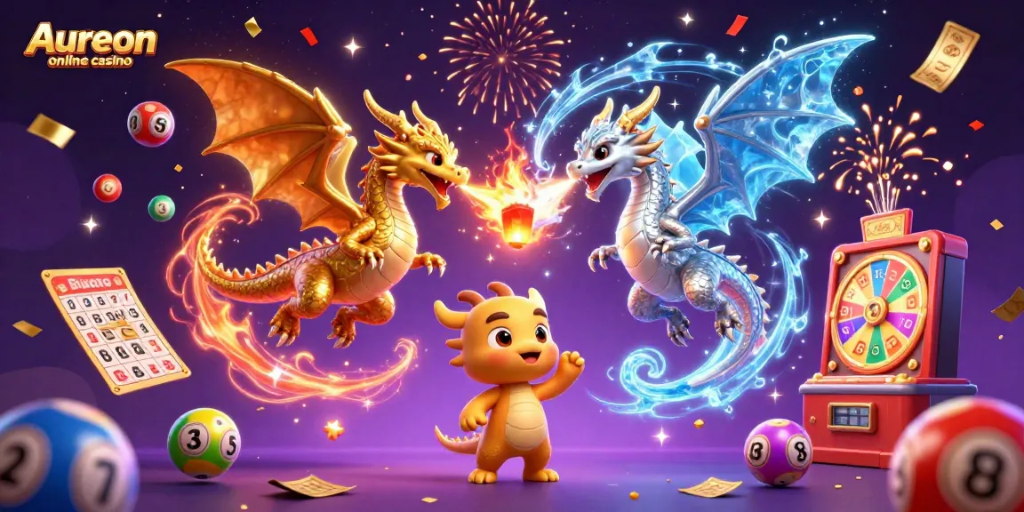 Aureon online casino features vibrant gaming elements with twin dragons in dynamic flight, creating an exciting atmosphere.